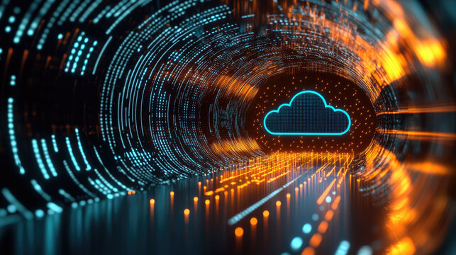 vibrant digital tunnel representing cloud technology, featuring glowing lines and stylized cloud icon. scene conveys sense of speed and connectivity in digital realm