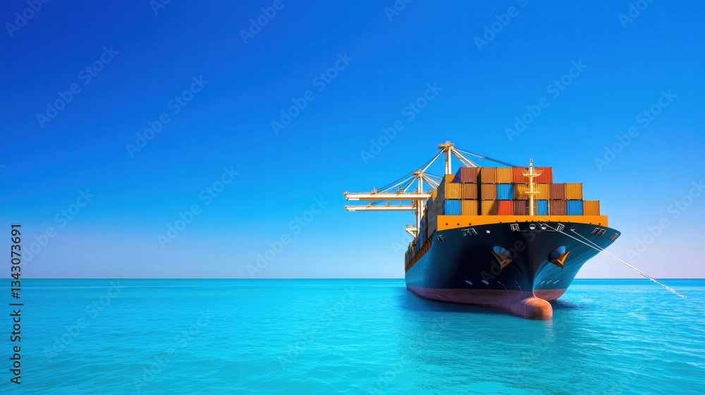 Poster logistic cargo ship at sea a container ship docked at a busy port, with cranes loading and unloading