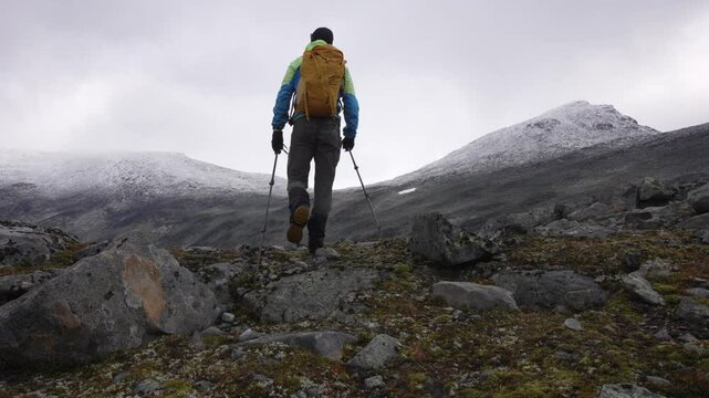 A hiker with trekking poles moves toward snow-covered peaks under dramatic clouds. The low-angle shot enhances depth, with moody lighting and rugged terrain showcasing adventure and solitude.