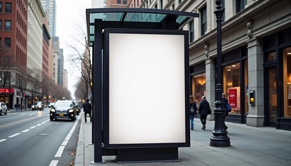 Mockup of a blank large display board at a bus stop, minimalist style, empty space for content