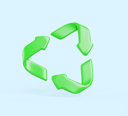 3d green recycling symbol render icon. Recycle sign of triangle arrows shape isolated on blue background. Waste sorting, environment protection, save planet and eco conservation. 3D illustration