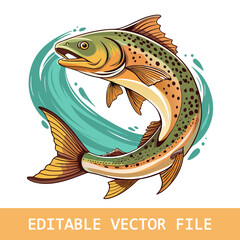 A Brown Trout Leaps from the Water, Watercolor Style Illustration. This vibrant image showcases a brown trout in mid-leap, splashing water around it, created using a watercolor painting technique