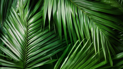 Vibrant green palm leaves overlapping create a rich, textured backdrop, evoking the essence of a tropical paradise filled with lush vegetation and exotic beauty