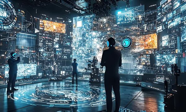 Futuristic data analysis scene with professionals interacting with holographic displays in a tech hub