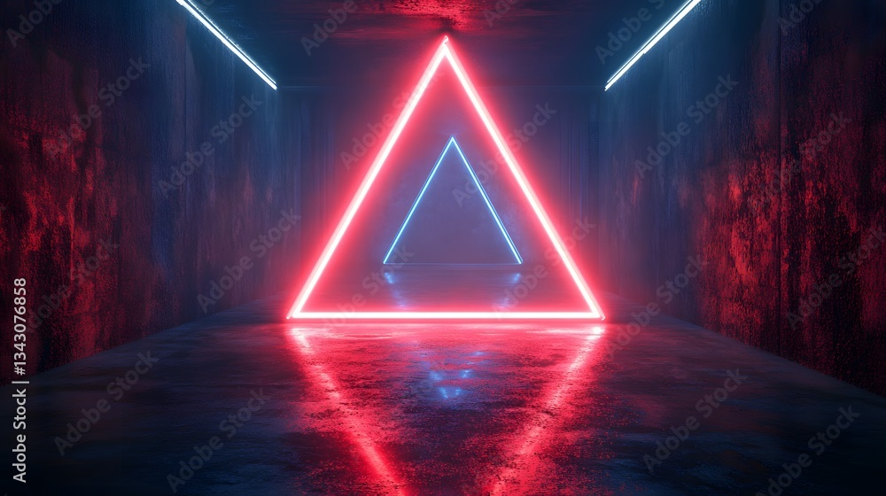 Aufkleber illuminated triangular light sculptures in a dark tunnel with reflection
