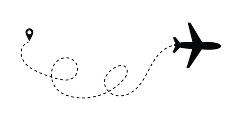Airplane line path icon. Vector illustration of air plane flight route with the point of location line trace. aircraft location tracking in a dotted path vector illustration in eps 10.