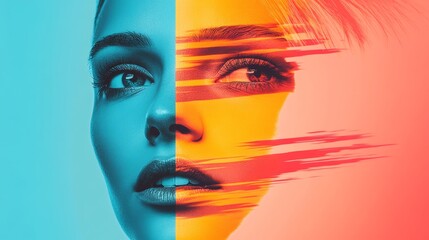 Abstract portrait of a young woman, half her face in cool blue tones, the other half in warm orange and red hues.  Dynamic and stylish.