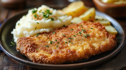 A golden, crispy breaded cutlet, either schnitzel or a breaded chop, served with creamy mashed potatoes, creating a classic and satisfying meal.