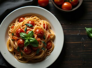 spaghetti with tomato sauce and basil