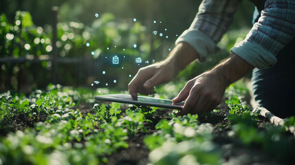 Obraz premium Close-up of a gardener using a tablet to control irrigation and monitor plant growth. Modern smart gardening combines technology with agriculture for precision and efficiency.