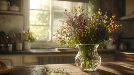 Sunlit kitchen with wildflowers in glass vase.