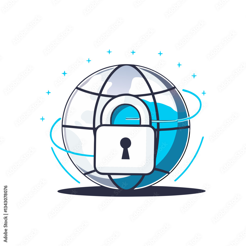 Poster cybersecurity vector illustration featuring a globe with a padlock, symbolizing global internet secu