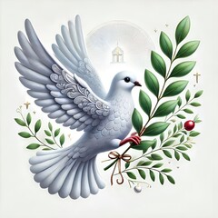 White dove with open wings, holding an olive branch, symbolizing peace.