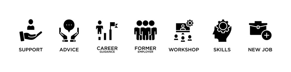  OUTPLACEMENT banner web icon vector illustration concept for product and service quality inspection with an icon of support, advice , career guidance, former employer, workshop, skills, new job, 
