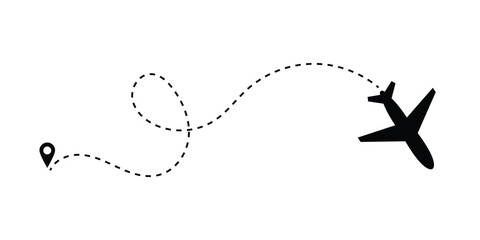 Airplane line path icon. Vector illustration of air plane flight route with the point of location line trace. aircraft location tracking in a dotted path vector illustration in eps 10.