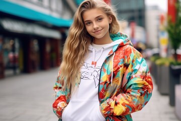Fototapeta premium A young woman wearing a colorful jacket