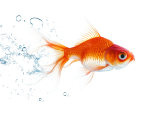 Goldfish in profile with bubbles on png and transparent background