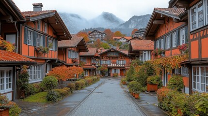 Fototapeta premium A stunning Alpine landscape featuring a village nestled in the valley surrounded by lush meadows, dense forests, and towering mountains. 