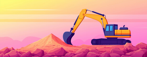 vibrant excavator working on construction site, digging into sandy mound under colorful sunset sky