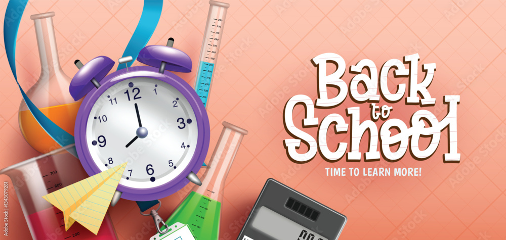 Aufkleber back to school vector design. back to school text with educational clock, beaker and test tubes labo