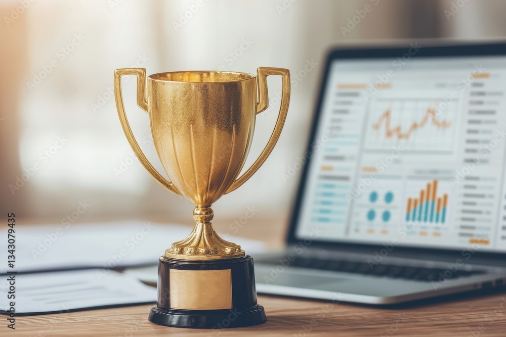 Poster startup success execution competition concept. award trophy on a desk beside a laptop with data grap