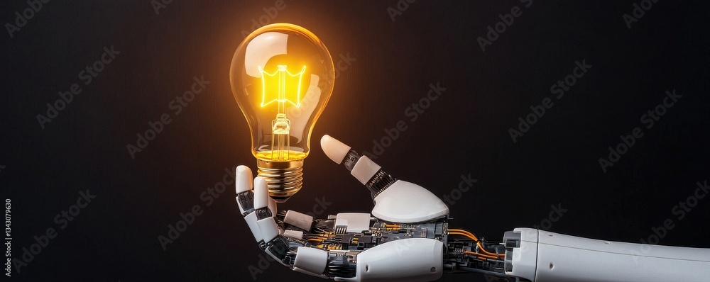 Poster startup success execution competition concept. robot hand holding a glowing light bulb on a dark bac