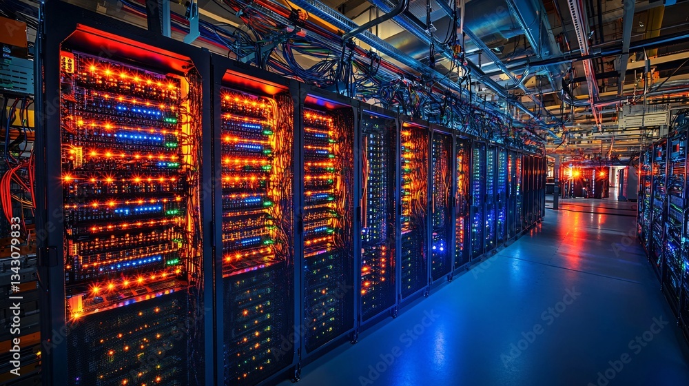 Poster a data center with neatly arranged server racks glowing in warm orange hues, symbolizing advanced te