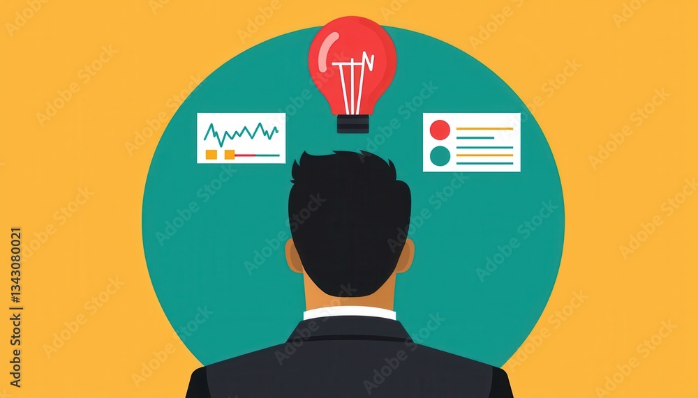 Poster startup success execution competition concept. businessman analyzing data and ideas with lightbulb i