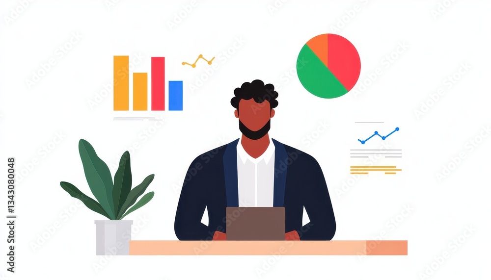 Poster startup success execution competition concept. illustration of a man analyzing data on a laptop at a