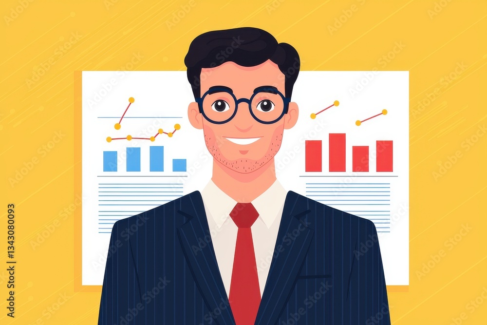 Poster startup success execution competition concept. professional man with glasses in front of business gr