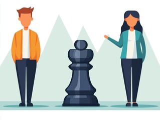 startup success execution competition concept. Two people standing by a large chess piece in a stylized setting.