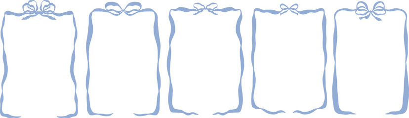 hand drawn blue frame with bow and ribbons. whimsical wavy frame set for christmas holiday, birthday card, valentine, wedding invitation