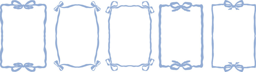 hand drawn blue frame with bow and ribbons. whimsical wavy frame set for christmas holiday, birthday card, valentine, wedding invitation