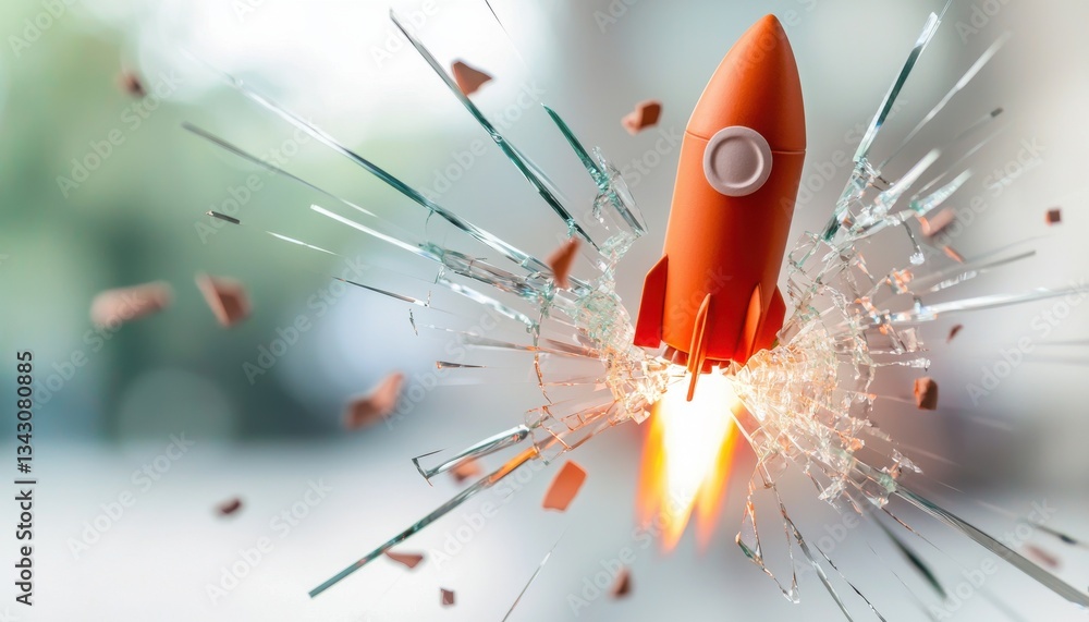 Poster startup success execution competition concept. rocket breaking through a barrier with flames and deb