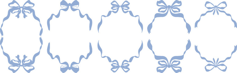 hand drawn blue frame with bow and ribbons. whimsical wavy frame set for christmas holiday, birthday card, valentine, wedding invitation