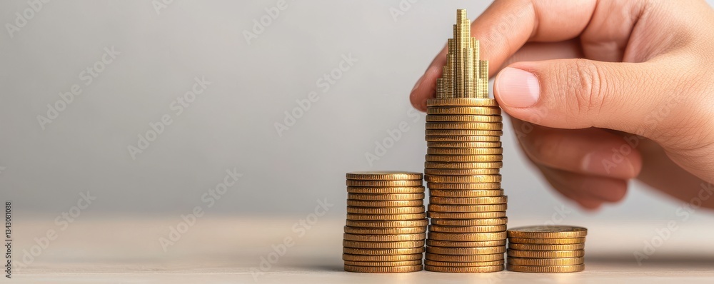 Poster startup success execution competition concept. hand stacking coins in ascending order to represent f