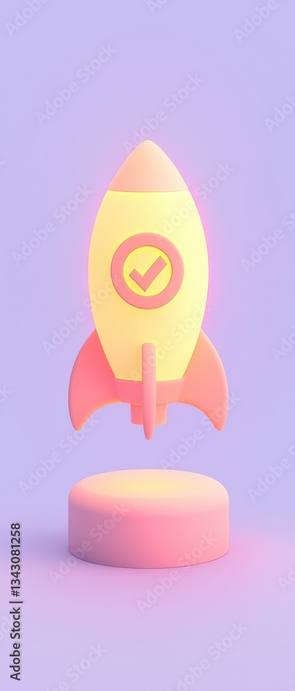 Poster startup success execution competition concept. vibrant rocket icon with a check mark on a pastel bac