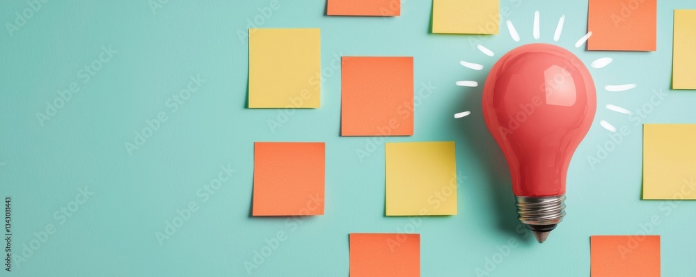 Poster startup success execution competition concept. light bulb and sticky notes on a turquoise background