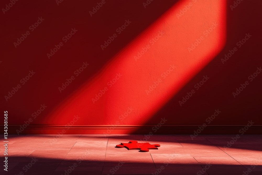 Poster startup success execution competition concept. a puzzle piece on a red floor illuminated by a beam o