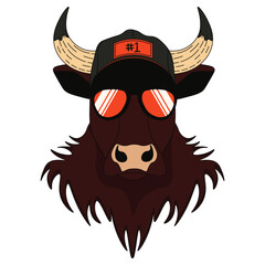 Style Bull isolated transparent background. Red Bull in cap and sunglasses vector illustration. Chinese Zodiac symbol in trendy neo-psychedelia style. EPS 10