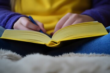 Woman Reading Yellow Book Cozy Home Comfort