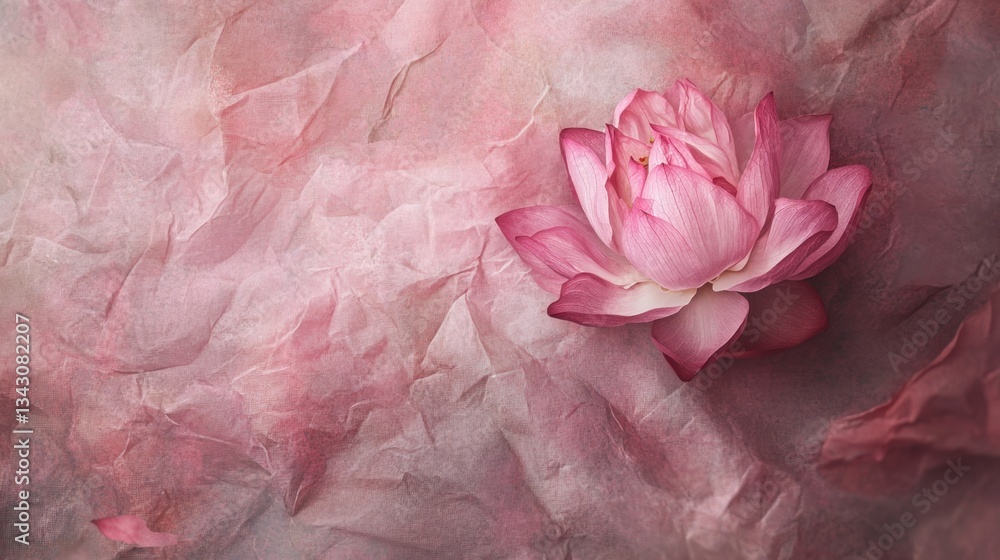 Poster a floating pink lotus with blurred petals, seamlessly merging into a subtle mulberry paper texture