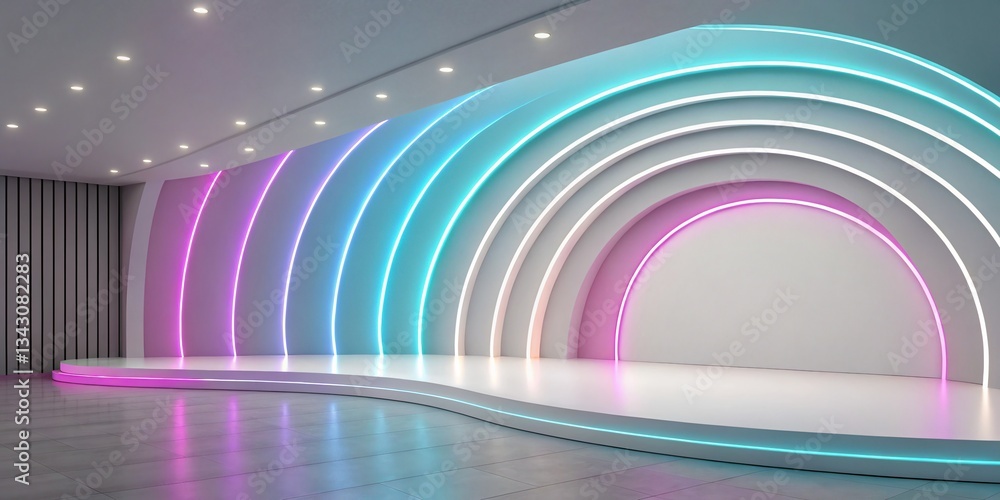 Poster dynamic light show stage design modern conference center 3d render futuristic environment wide angle