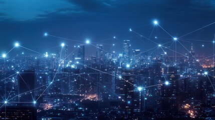 Night city skyline connected by digital network, futuristic