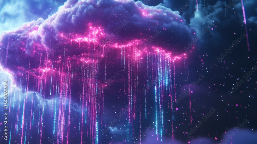 Poster a futuristic cloud with vibrant, glowing data streams falling like rain, representing the connectivi