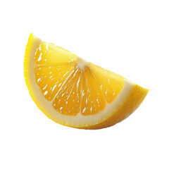 Juicy lemon wedge levitating, isolated on transparent background in PNG, with copy space, transparent. 