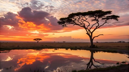 Fototapeta premium Majestic Lone Tree Reflecting in Golden Sunset Over Savannah V2