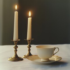 Two lit candles in brass candle holders with a teacup and saucer on a table.