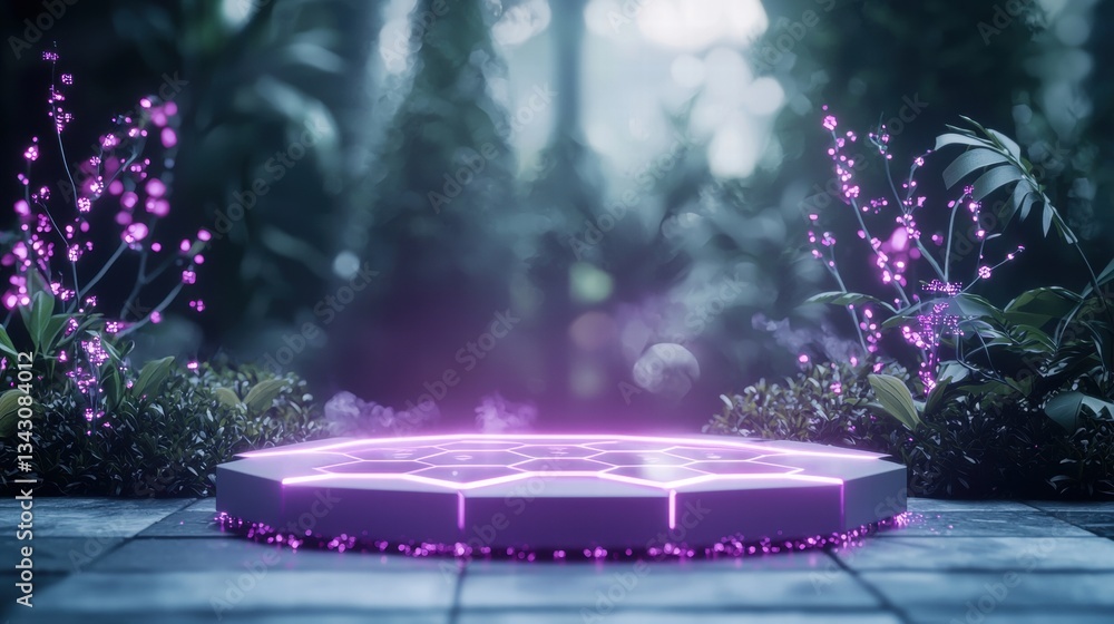 Poster innovative hexagon shape holographic interface with hexagonal icons and data displays, representing 