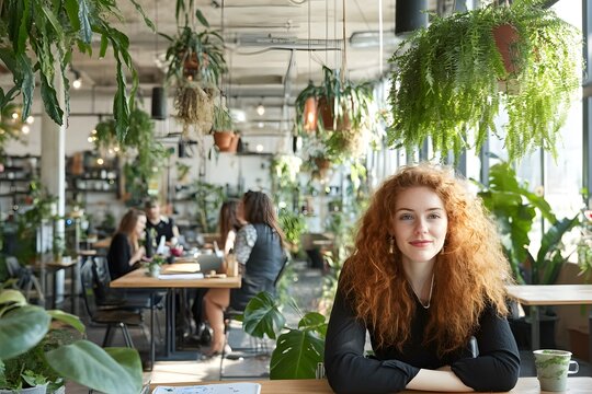 Redhead Woman in Plant Filled Cafe